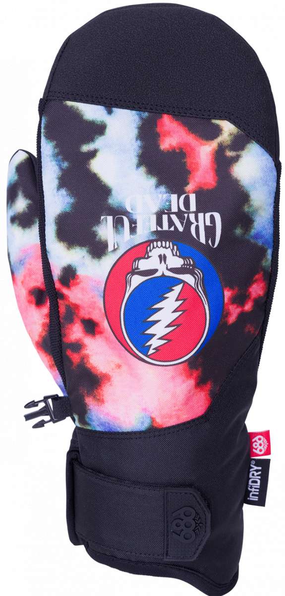 The 686 Primer Mittens in front view showcase a black tie-dye pattern with red and light blue accents.