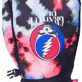 The 686 Primer Mittens in front view showcase a black tie-dye pattern with red and light blue accents.