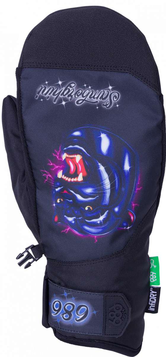 The 686 Primer Mittens LTD 2024 are black with a large graphic on the back featuring a blue panther's face and pink lightning bolts.