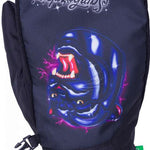 The 686 Primer Mittens LTD 2024 are black with a large graphic on the back featuring a blue panther's face and pink lightning bolts.