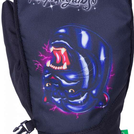 The 686 Primer Mittens LTD 2024 are black with a large graphic on the back featuring a blue panther's face and pink lightning bolts.