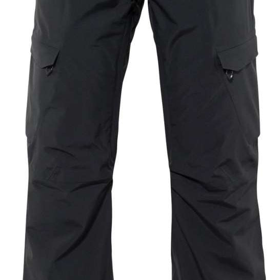 The 686 Quantum Thermagraph Pant 2024 is predominantly black with a subtle pattern and includes zippered cargo pockets on each leg.