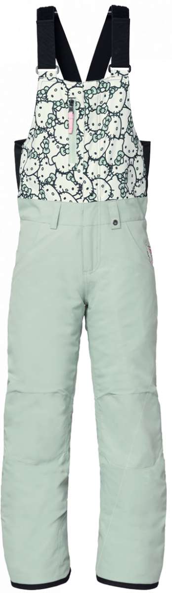The 686 Girls Sierra Insulated Bib Pant 2024 is primarily white with black straps and a repeating pattern of Hello Kitty's face outlined in green.