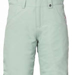 The 686 Girls Sierra Insulated Bib Pant 2024 is primarily white with black straps and a repeating pattern of Hello Kitty's face outlined in green.