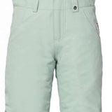 The 686 Girls Sierra Insulated Bib Pant 2024 is primarily white with black straps and a repeating pattern of Hello Kitty's face outlined in green.