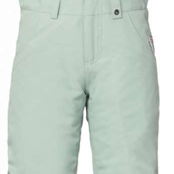 The 686 Girls Sierra Insulated Bib Pant 2024 is primarily white with black straps and a repeating pattern of Hello Kitty's face outlined in green.