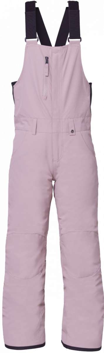 The 686 Girls Sierra Insulated Bib Pant has a light pink color and an adjustable waistband with Velcro straps.