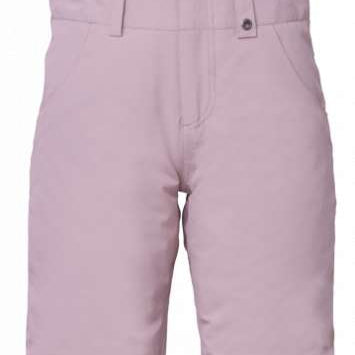 The 686 Girls Sierra Insulated Bib Pant has a light pink color and an adjustable waistband with Velcro straps.