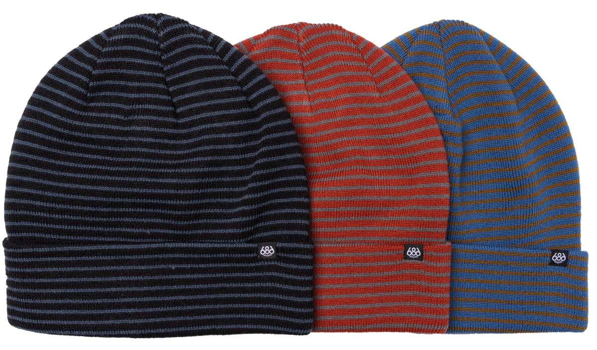 A set of three beanies by 686 in navy blue, red, and blue striped colors.