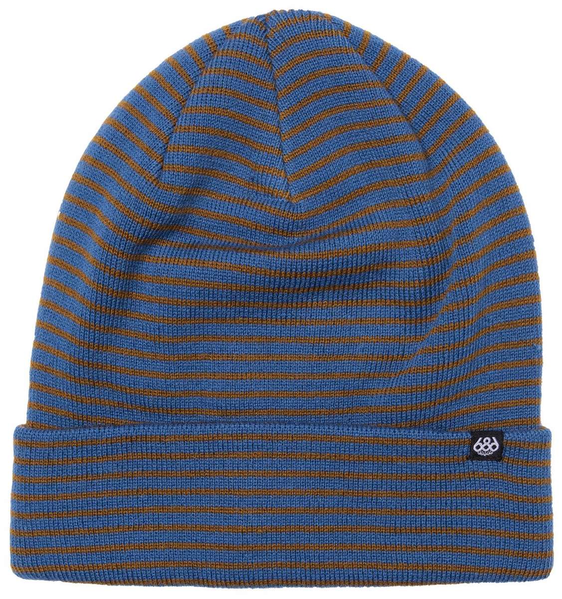 The 686 Small Stripes Beanie 3-Pack 2023 in blue and orange stripes has a ribbed cuff and is shown from a front view.