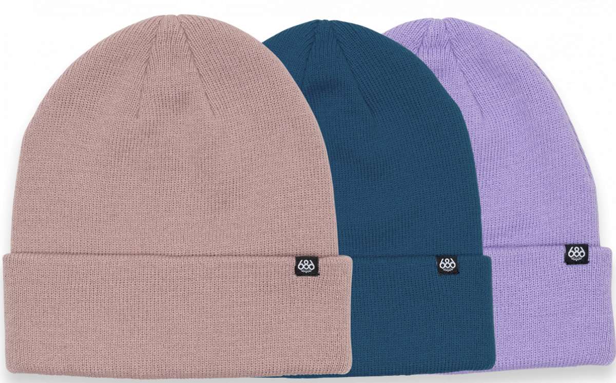 The 686 Standard Roll Up Beanie 3-Pack 2024 is depicted in a front view with three different colors including light pink, dark blue and lavender.