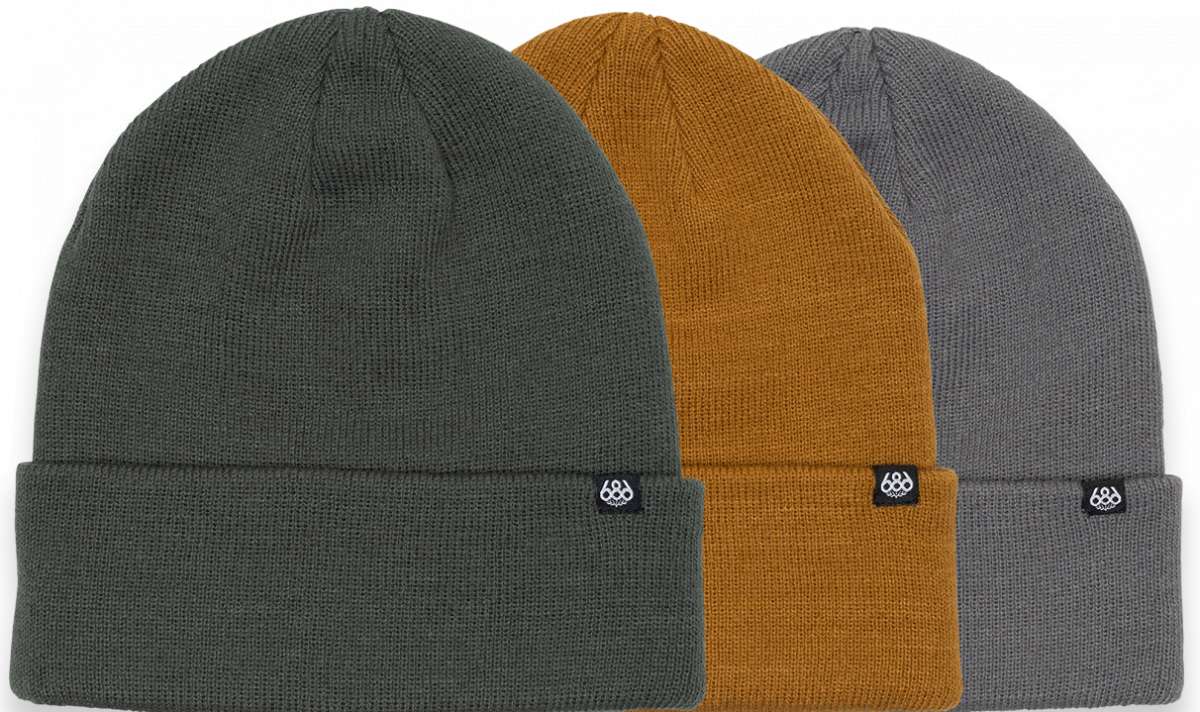 The 686 Standard Roll Up Beanie 3-Pack 2024 is available in three colors: green, yellow, and gray.
