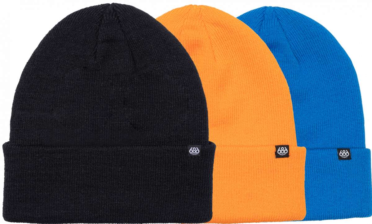The 686 Standard Roll Up Beanie 3-Pack 2024 features a black beanie with a folded cuff in the front view.
