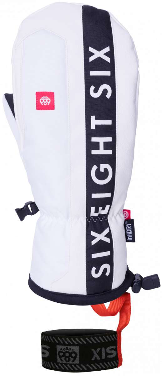 The 686 Team Merino Mitten 2024 is white with black trim and has an insulated hood.