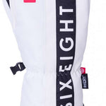 The 686 Team Merino Mitten 2024 is white with black trim and has an insulated hood.