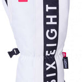 The 686 Team Merino Mitten 2024 is white with black trim and has an insulated hood.