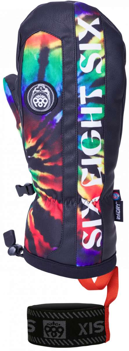 The 686 Team Merino Mitten 2024 is predominantly black with a rainbow tie-dye pattern on the back and thumb, showcasing a white logo on the wrist strap.