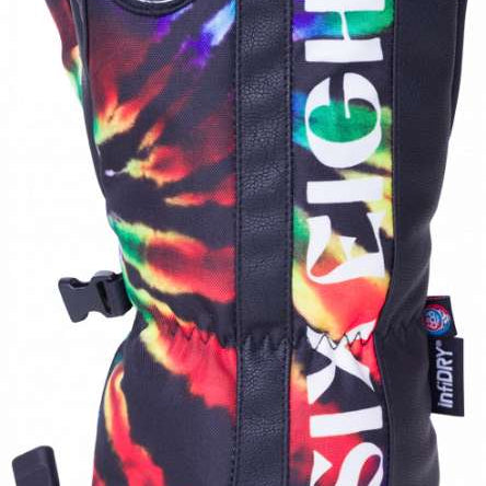The 686 Team Merino Mitten 2024 is predominantly black with a rainbow tie-dye pattern on the back and thumb, showcasing a white logo on the wrist strap.