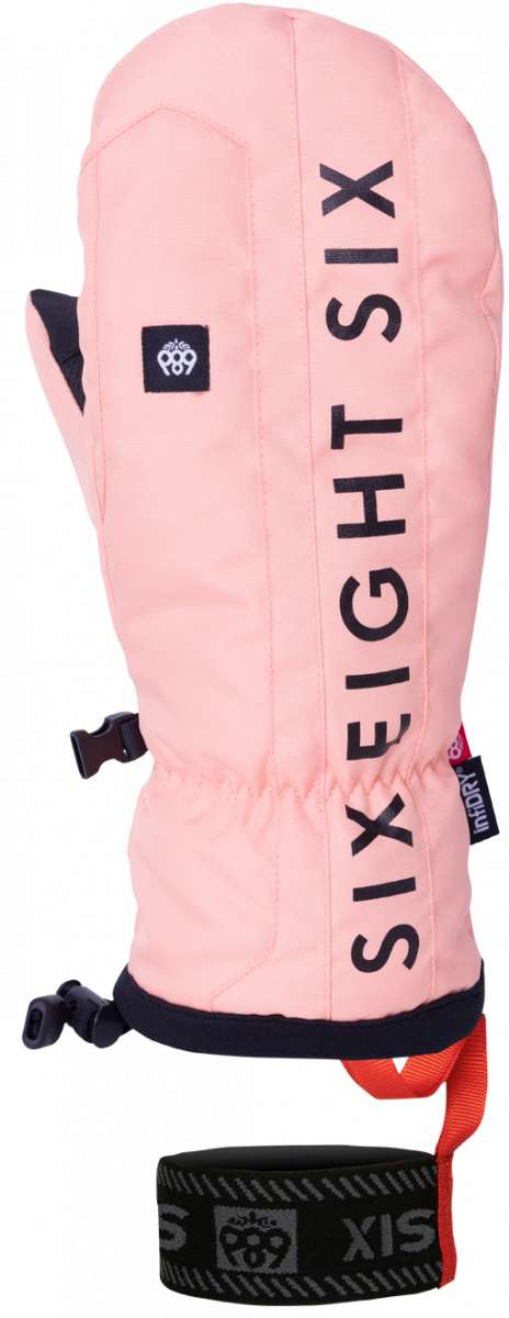 The 686 Team Merino Mitten 2024 is light pink with an insulated black cuff and a small black logo on its front.