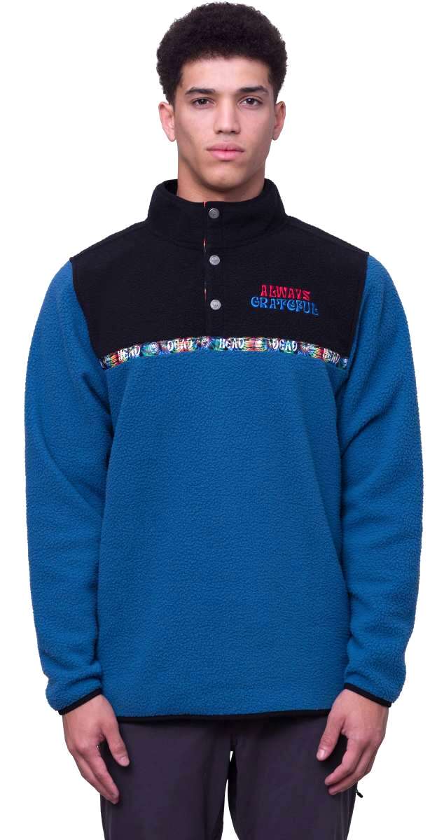 The 686 Tioga Fleece Pullover 2024 features a black and blue color scheme with a collar and four silver buttons down the front.