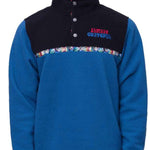 The 686 Tioga Fleece Pullover 2024 features a black and blue color scheme with a collar and four silver buttons down the front.