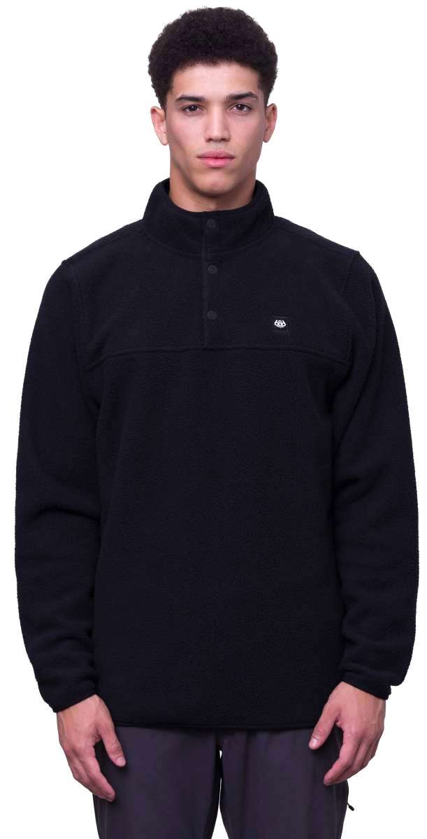 The 686 Tioga Fleece Pullover 2024 is black with an insulated hood and a front zippered pocket.