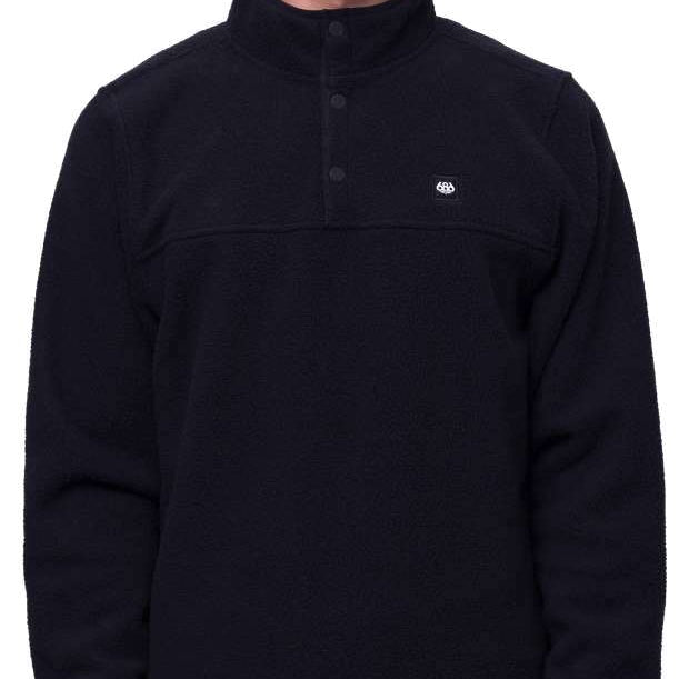 The 686 Tioga Fleece Pullover 2024 is black with an insulated hood and a front zippered pocket.