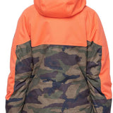 The 686 Ladies' Upton Insulated Jacket 2023 has an orange upper section and camouflage patterned lower section with a black hood.