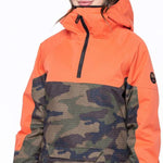 The 686 Ladies' Upton Insulated Jacket 2023 is shown from the front, with an orange top section and a camouflage-patterned bottom section featuring a hood.