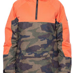 The 686 Ladies' Upton Insulated Jacket 2023 has an orange color scheme with green camouflage accents on the front and back.