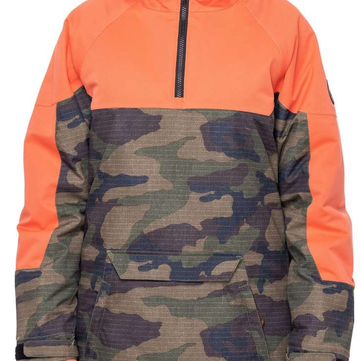The 686 Ladies' Upton Insulated Jacket 2023 has an orange color scheme with green camouflage accents on the front and back.
