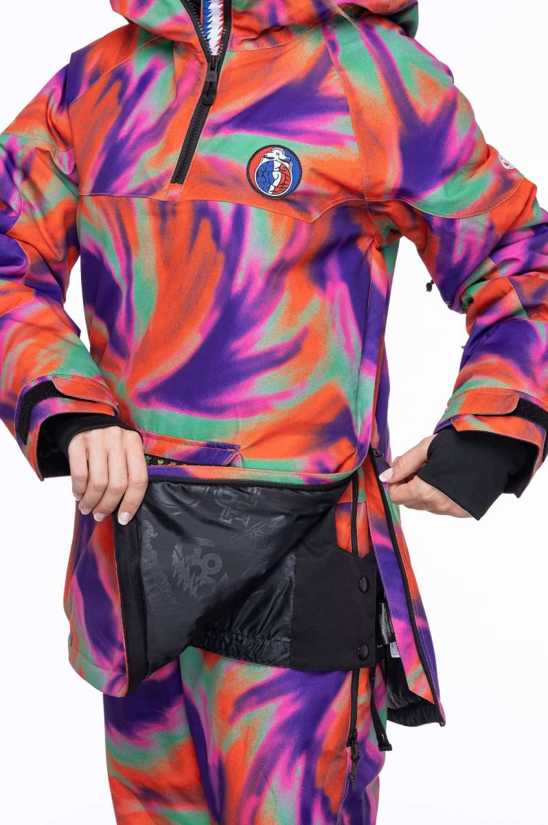 The 686 Upton Insulated Jacket in purple and orange tie-dye pattern is displayed from the front view.