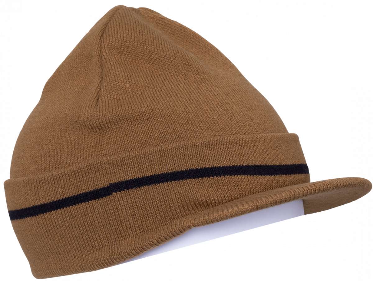 The 686 Visor Knit Beanie 2024 is tan with a black stripe across the front and visor brim at the back.