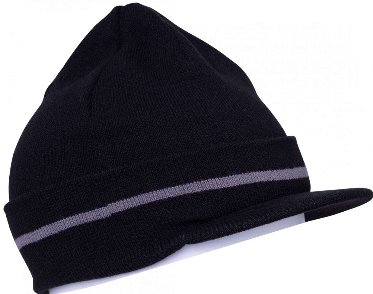The 686 Visor Knit Beanie 2024 has a dark gray color with a light gray visor and is positioned in a front view.