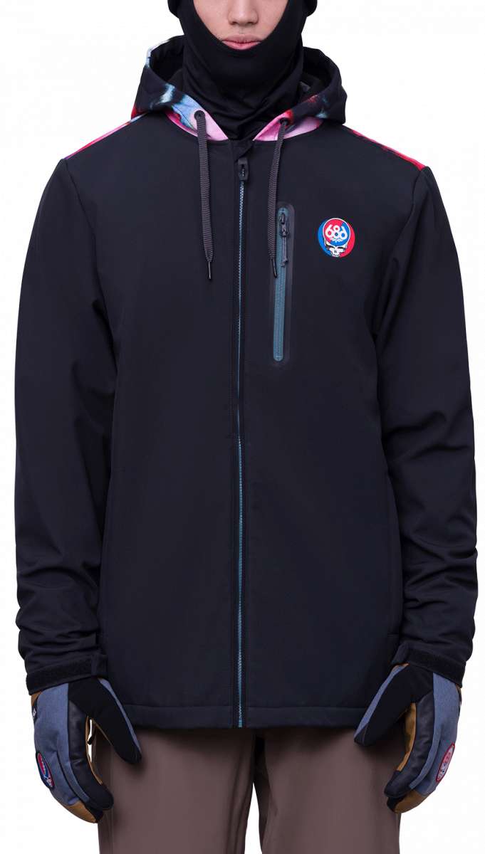 The 686 Waterproof Zip Hoodie 2024 is black with pink accents and a blue and red logo on the front.
