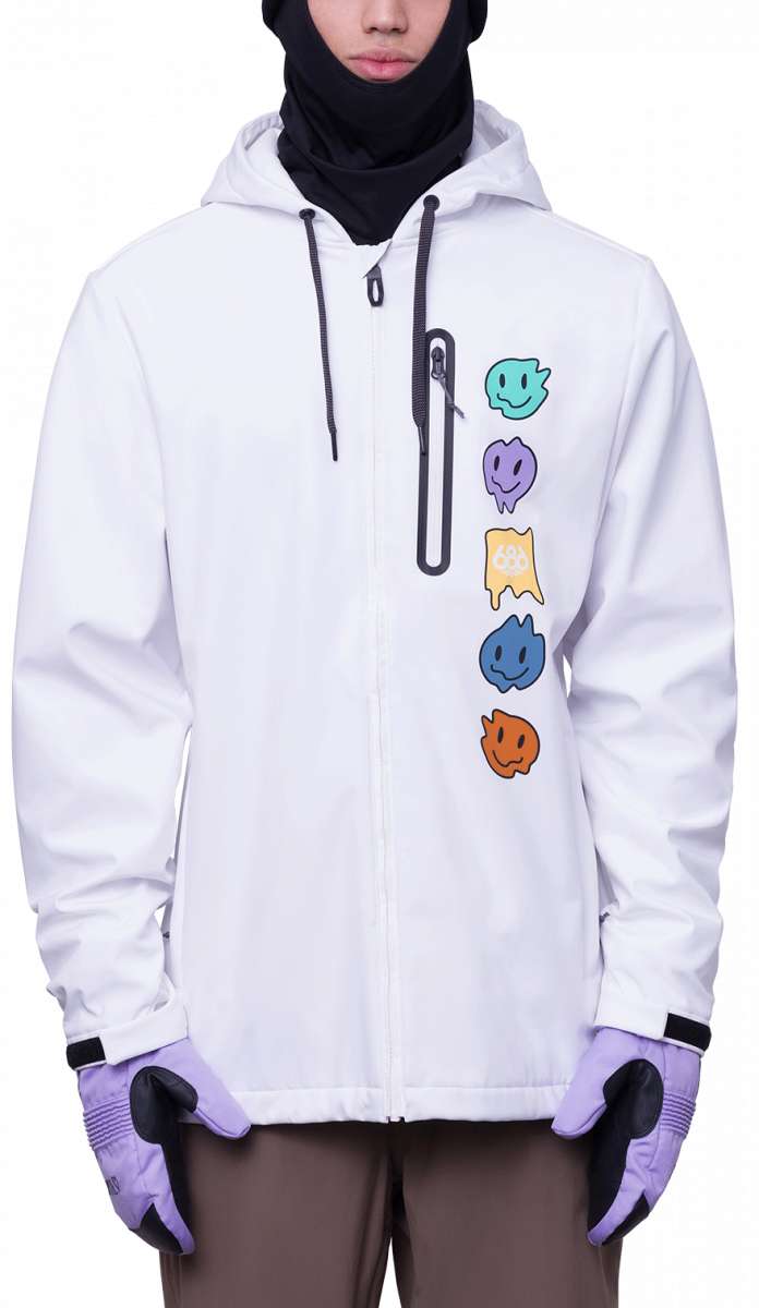 The 686 Waterproof Zip Hoodie 2024 is white with black accents and has an insulated hood in this front view.
