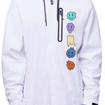 The 686 Waterproof Zip Hoodie 2024 is white with black accents and has an insulated hood in this front view.