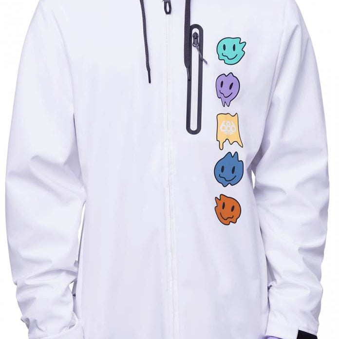 The 686 Waterproof Zip Hoodie 2024 is white with black accents and has an insulated hood in this front view.