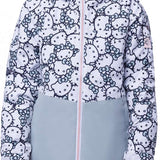 The 686 Girls Athena Insulated Jacket in white and light blue has a repeating pattern of Hello Kitty faces on the upper body.