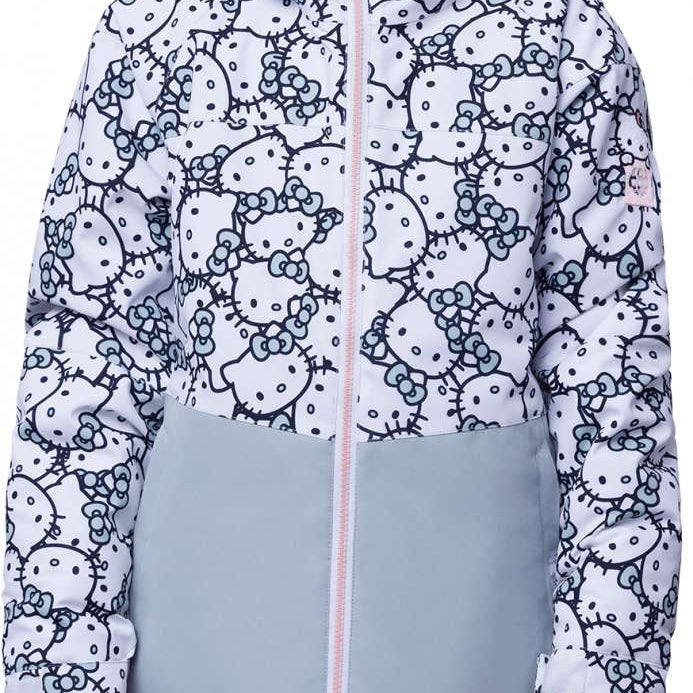 The 686 Girls Athena Insulated Jacket in white and light blue has a repeating pattern of Hello Kitty faces on the upper body.