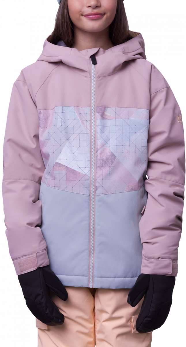 The 686 Girls Athena Insulated Jacket 2024 is showcased in this image, featuring a color block design with pink and light purple hues on the upper half, complemented by a gray lower section.