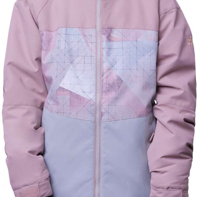 The 686 Girls Athena Insulated Jacket 2024 is showcased in this image, featuring a color block design with pink and light purple hues on the upper half, complemented by a gray lower section.