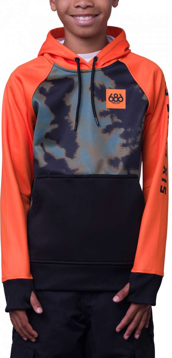 The 686 Youth Bonded Fleece Pullover Hoodie is primarily black with orange accents and a small orange logo on the left chest.
