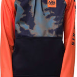 The 686 Youth Bonded Fleece Pullover Hoodie is primarily black with orange accents and a small orange logo on the left chest.