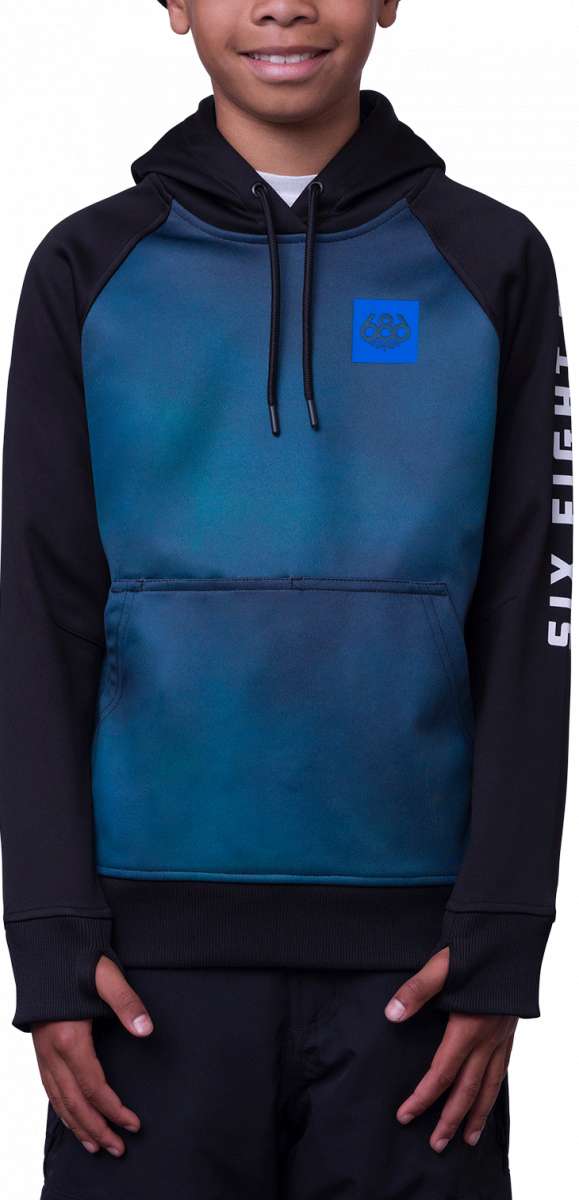 The 686 brand's blue and black youth hoodie has a large front pocket, an insulated hood with drawstrings and a ribbed hem.