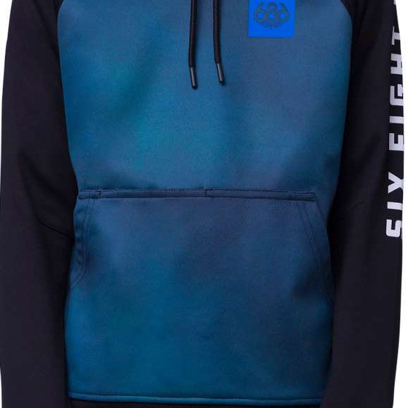 The 686 brand's blue and black youth hoodie has a large front pocket, an insulated hood with drawstrings and a ribbed hem.