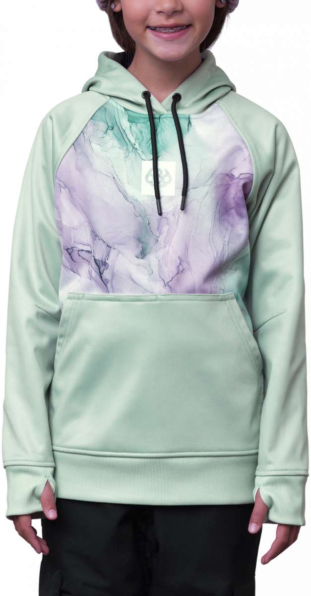 The 686 Youth Bonded Fleece Pullover Hoodie in light green has a large front pocket and an adjustable black drawstring at the hood.