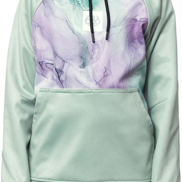 The 686 Youth Bonded Fleece Pullover Hoodie in light green has a large front pocket and an adjustable black drawstring at the hood.