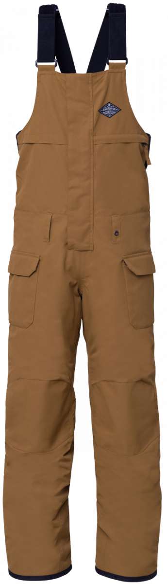The 686 Boys Frontier Insulated Bib 2024 is shown in a tan color with a black zipper down the front.