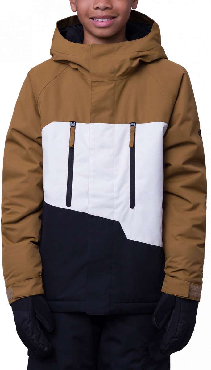 The 686 Boys Geo Insulated Jacket in tan and white has an insulated hood.